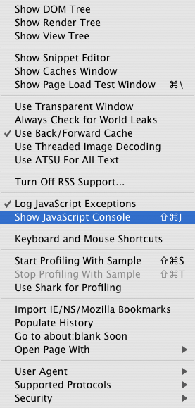Safari debug menu